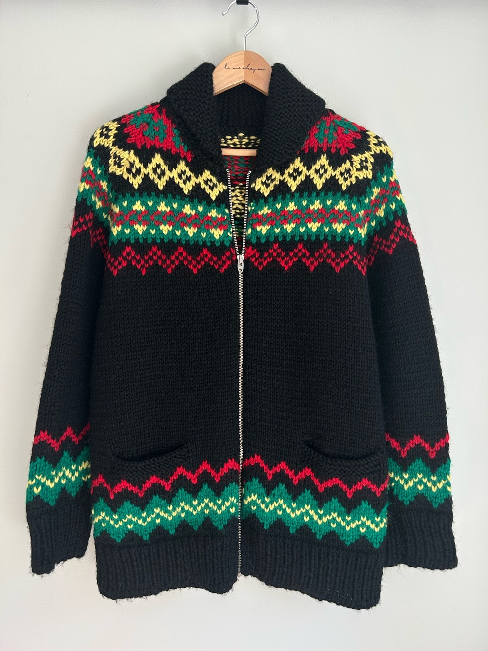 Vintage Handmade Hand Knit Wool Zip Cardigan Collared Sweater with Pockets